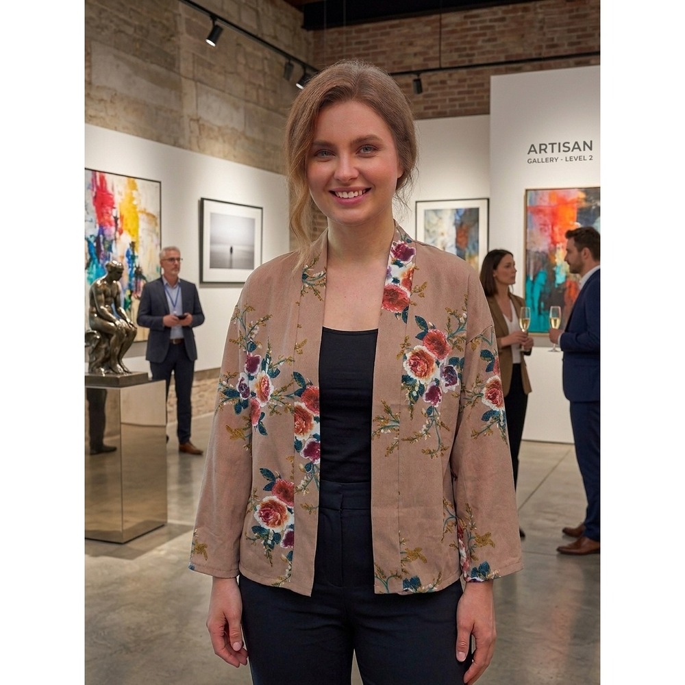 Floral Kimono Cardigan Tan Open Front Cropped Top Rose Print Floral Feminine